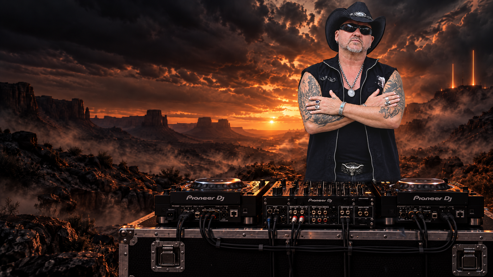 DARK COWBOY behind DJ decks against a cinematic Western landscape